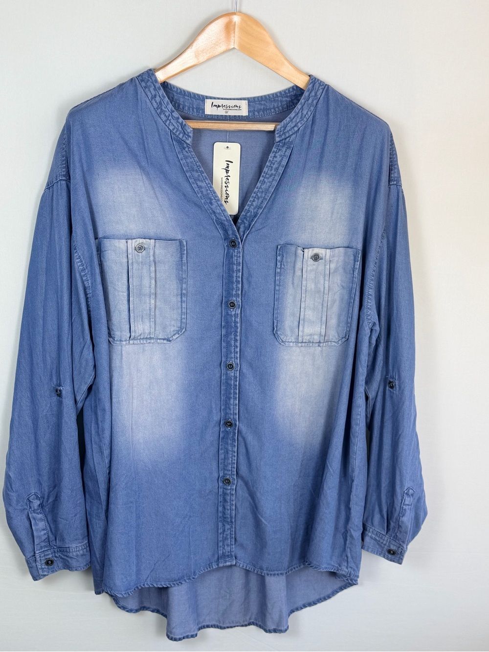 Impressions 100% Lyocell Chambray Button Front Tunic Top 3X